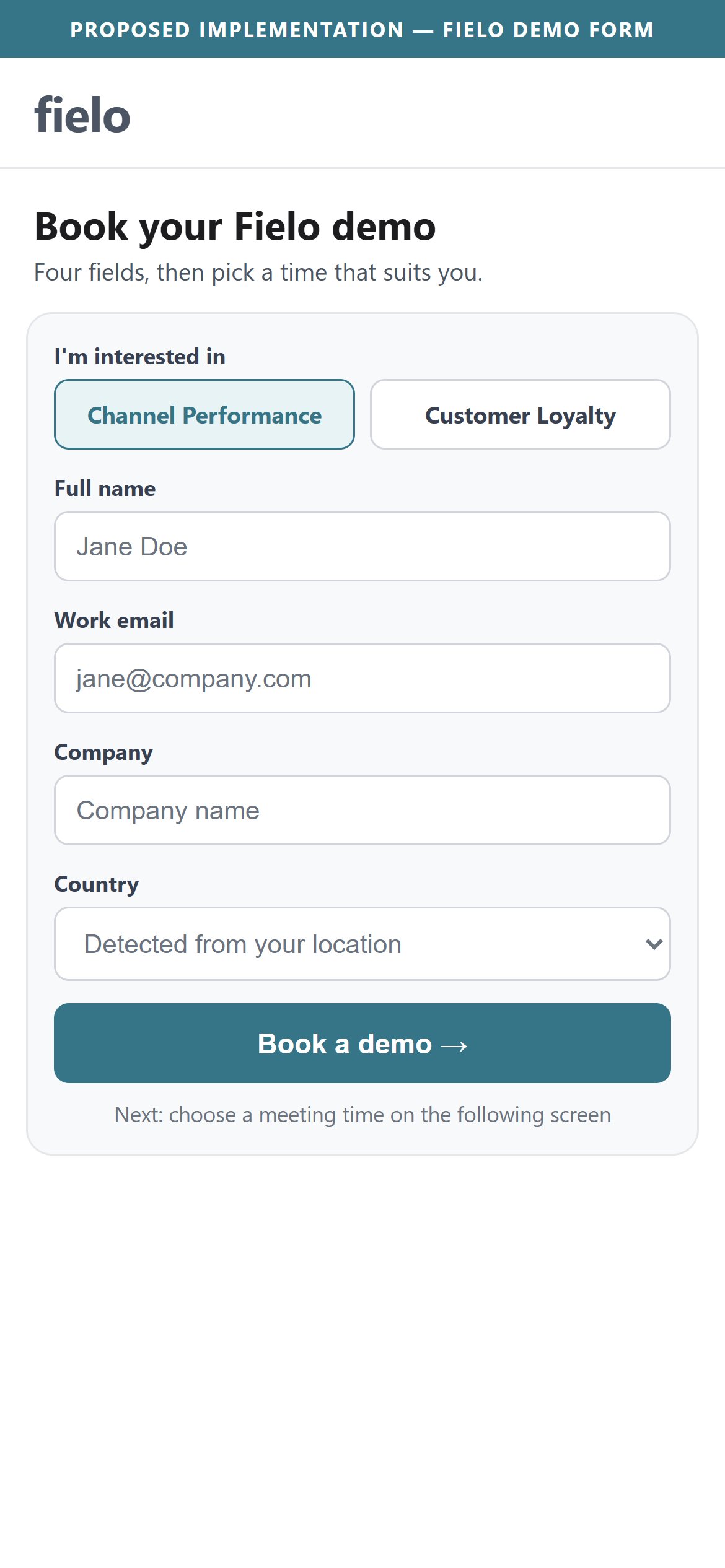 Proposed Implementation — Fielo Demo Form